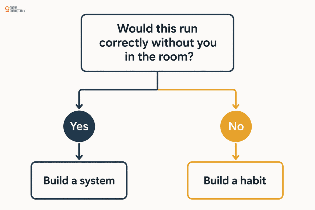 Decision diagram splitting tasks into build a system or build a habit based on whether the task needs your judgment