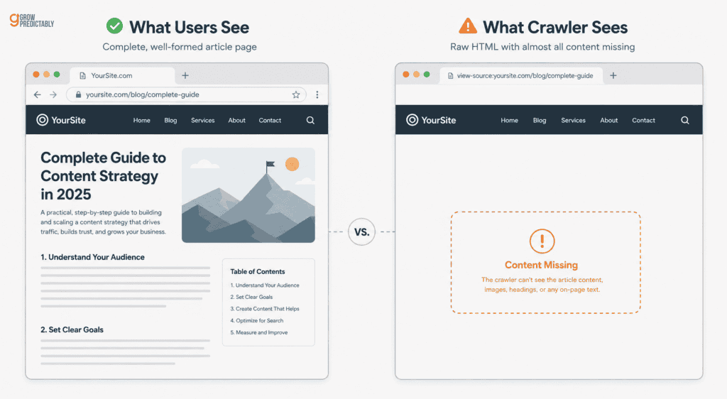 Comparison showing a full page in a browser next to the same page as nearly empty raw HTML seen by an AI crawler