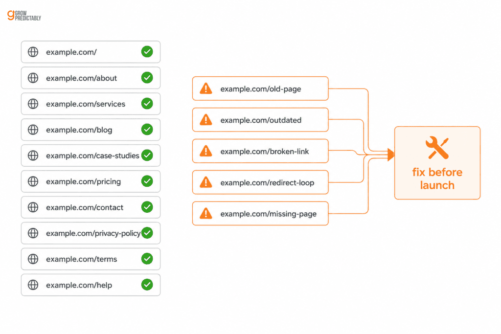 Illustration of a pre-launch URL sweep where most addresses pass and five are flagged as regressions before launch