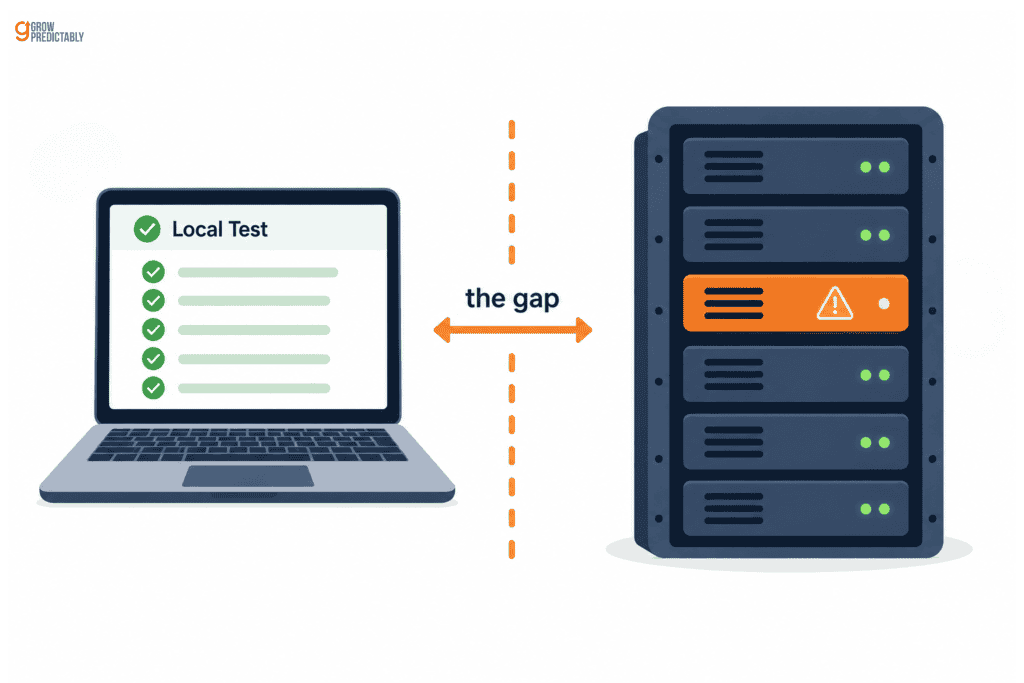 Illustration contrasting passing local tests with a failure that only appears on production infrastructure